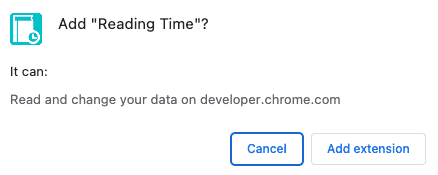 Permission warning the user will see when installing the Reading time extension