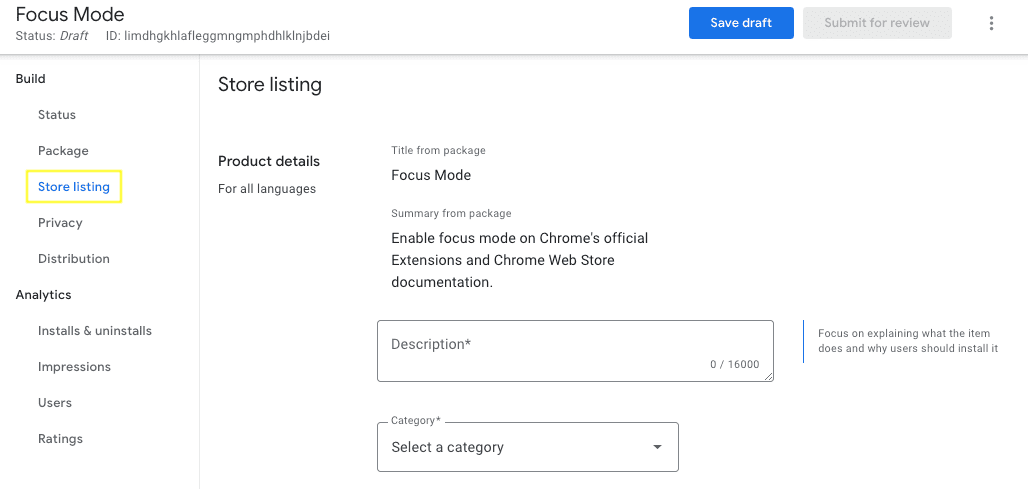 Screenshot of the Chrome Web Store developer dashboard Store listing tab